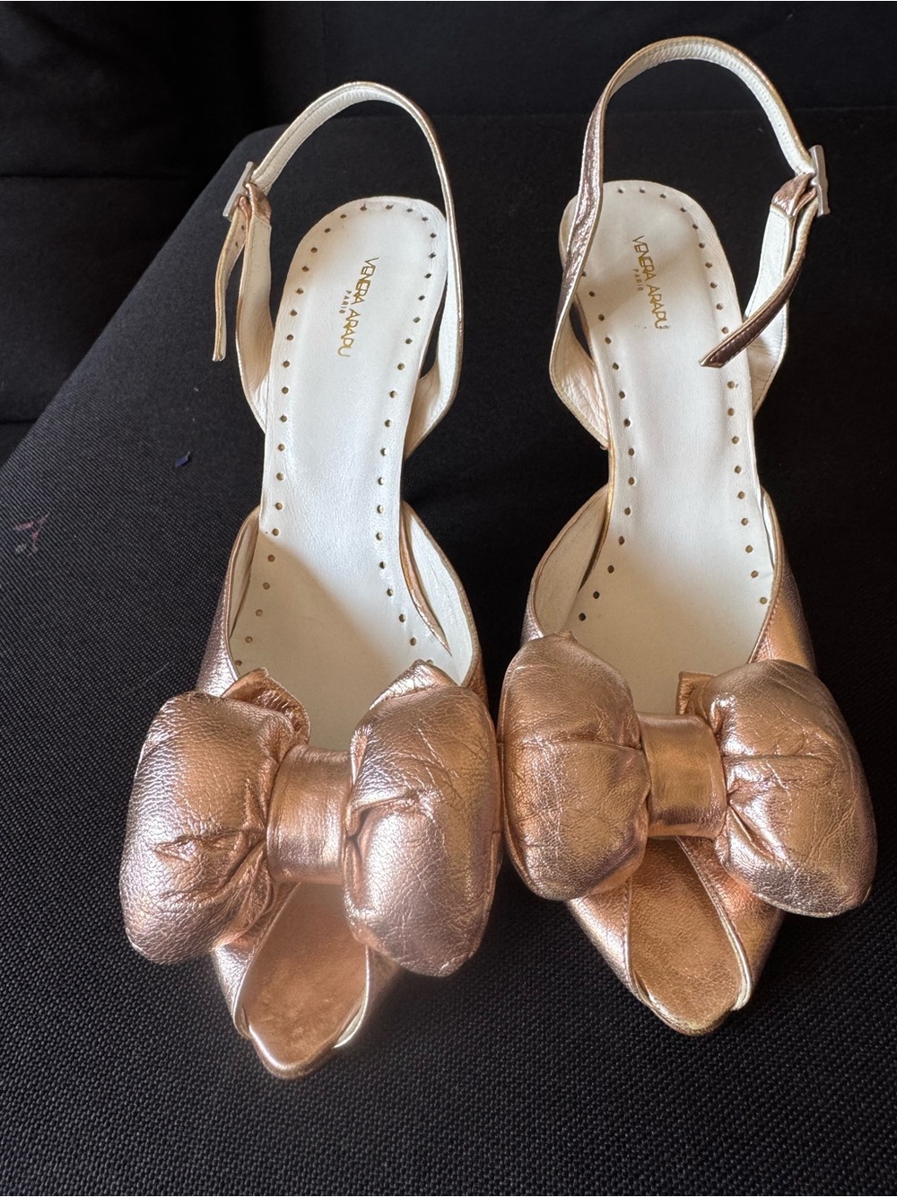 Venera arapu  Lavender Label Metallic Rose Gold Bow Slingback Peep-Toe Heels
